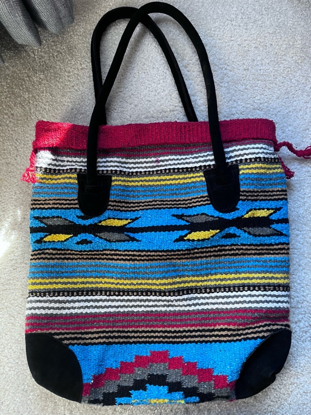 Boho Striped Woven Tote Bag in Blue, Red, White, Yellow and Black